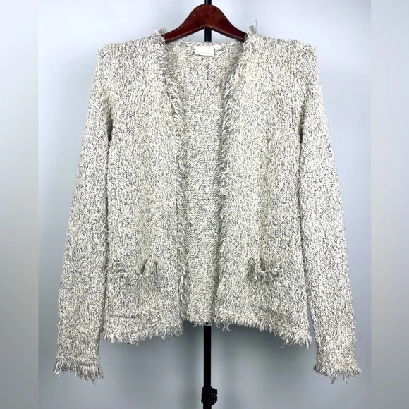 Anthropologie Ett:twa Gray Metallic Open Front Fringe Detail Knit Cardigan - Picture 1 of 6